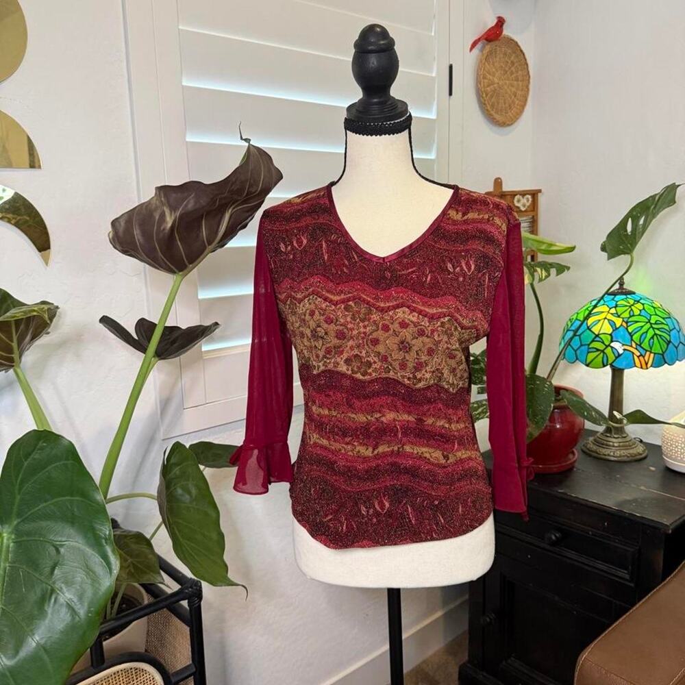 Vintage Y2K Burgundy Metallic Mesh Top Sheer Bell Sleeve Whimsigoth Boho